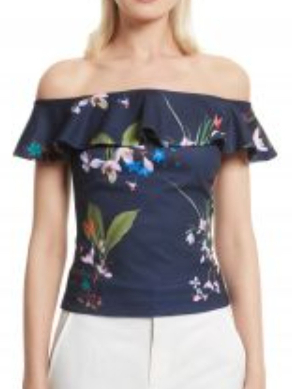 Ted Baker Off-Shoulder Navy Floral Ruffle Top. Baker Size 3. US Size 8.